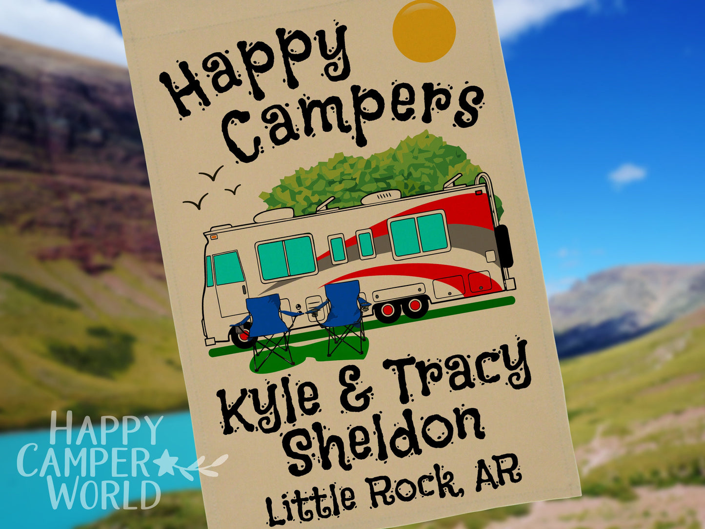 Personalized Camping Flag, "Happy Campers" Flag, Class A Motor Home RV Camping Sign, Custom Camper Flag, Camp Decor