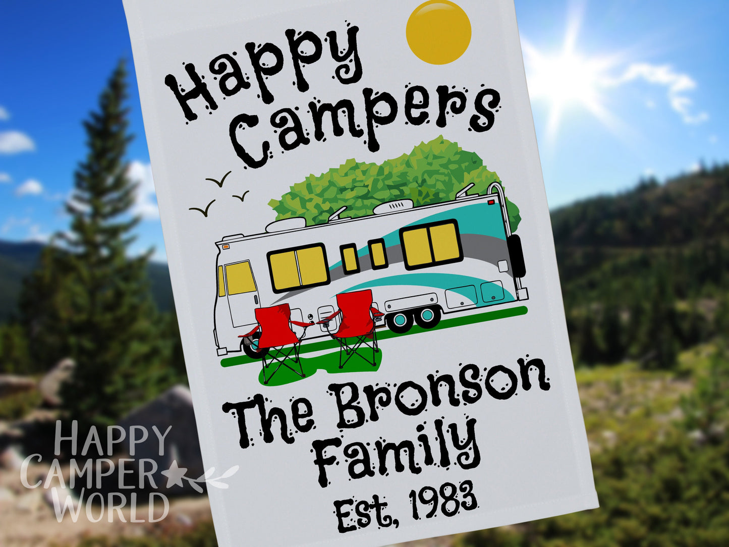 Personalized Camping Flag, "Happy Campers" Flag, Class A Motor Home RV Camping Sign, Custom Camper Flag, Camp Decor, White Fabric