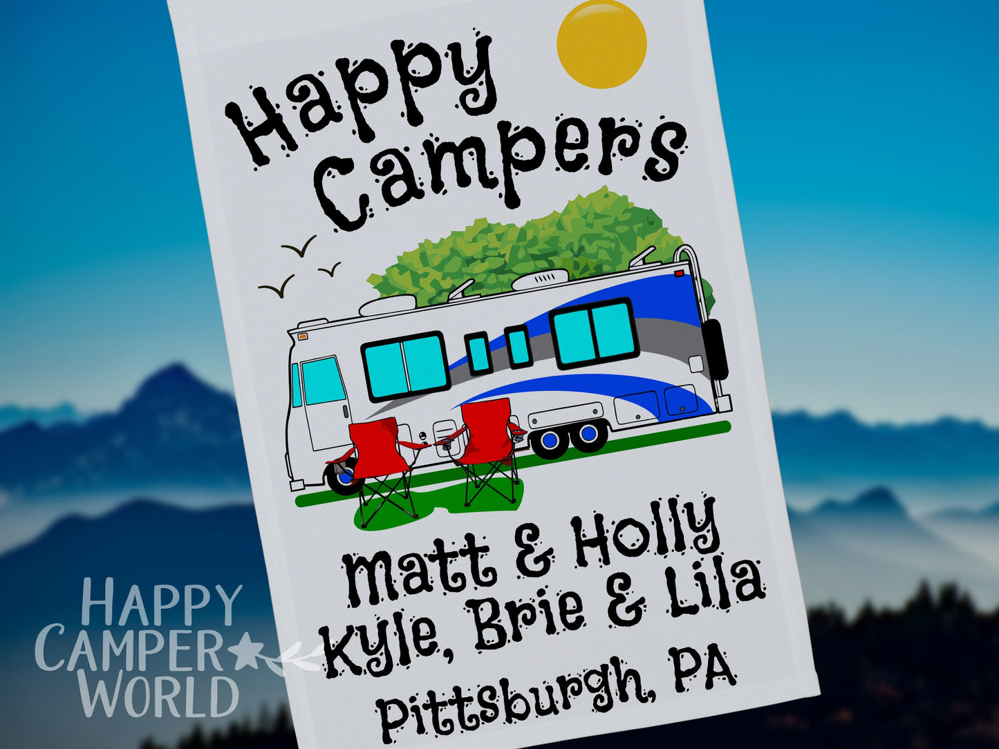 Personalized Camping Flag, "Happy Campers" Flag, Class A Motor Home RV Camping Sign, Custom Camper Flag, Camp Decor, White Fabric