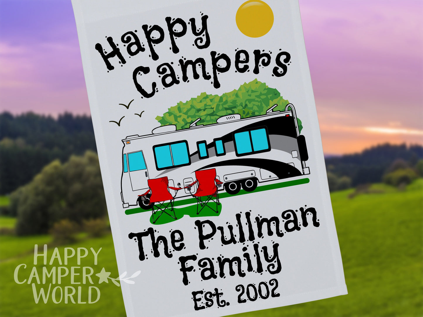 Personalized Camping Flag, "Happy Campers" Flag, Class A Motor Home RV Camping Sign, Custom Camper Flag, Camp Decor, White Fabric