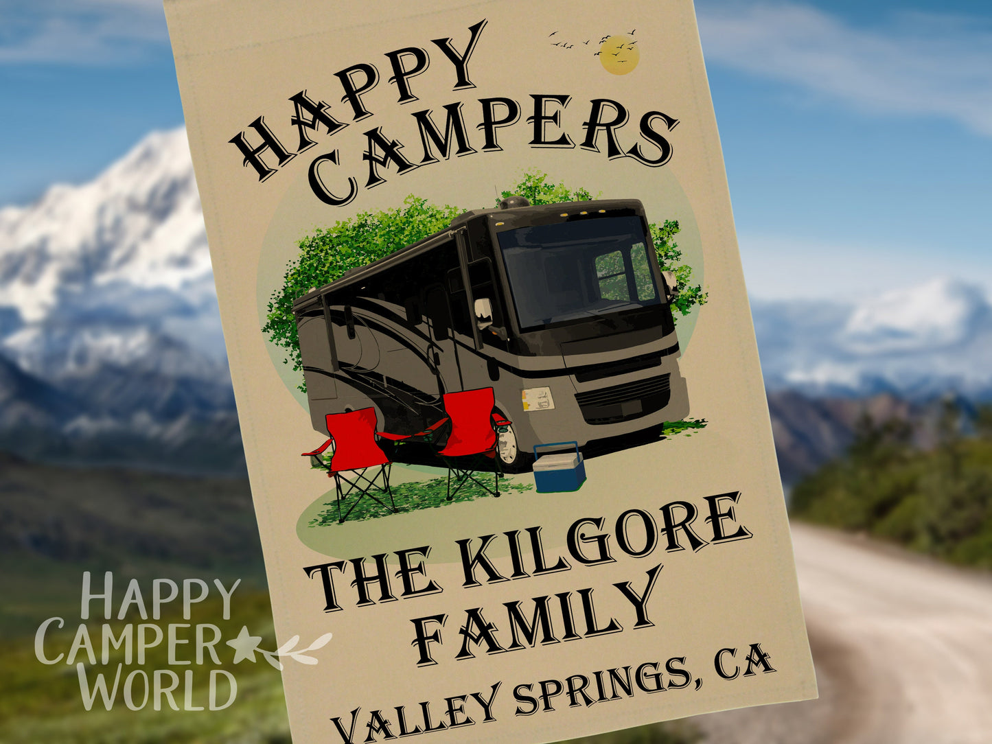 Happy Campers, Personalized Class A Motorhome Camp Flag, Campsite Flag, RV Decor, Camping Sign, Motor Home Decor, Camp Banner, Campsite Sign