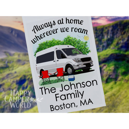 Personalized Class B Motorhome Camping Flag, Always at Home Wherever We Roam, 3 Additional Lines of Text to Make the Flag Your Own