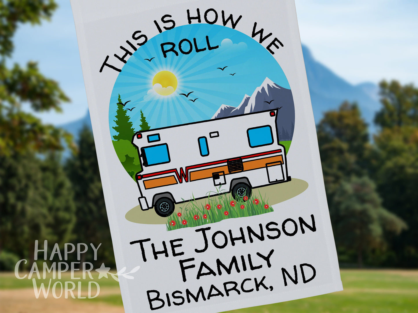 This is How We Roll, Personalized Vintage Garden Flag, Winnebago, Camping Sign, Camp Gift, Camp Decor, Motor home Flag, Tan or White Fabric