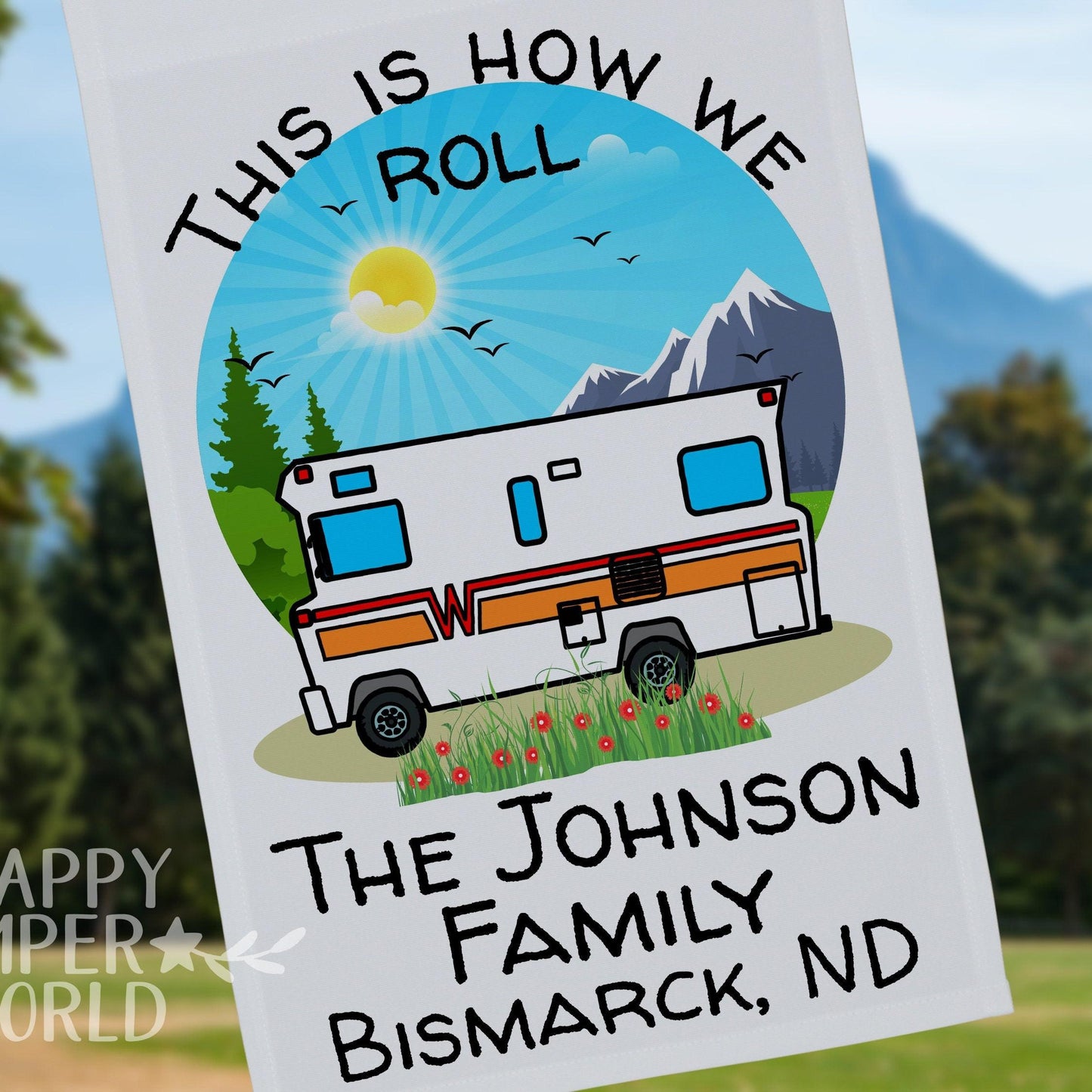 This is How We Roll, Personalized Vintage Garden Flag with Vintage Winnebago