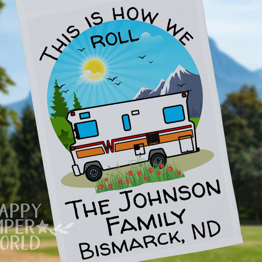 This is How We Roll, Personalized Vintage Garden Flag with Vintage Winnebago
