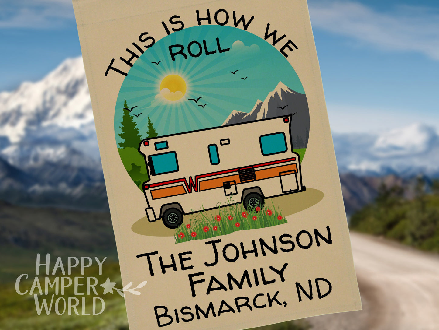 This is How We Roll, Personalized Vintage Garden Flag, Winnebago, Camping Sign, Camp Gift, Camp Decor, Motor home Flag, Tan or White Fabric