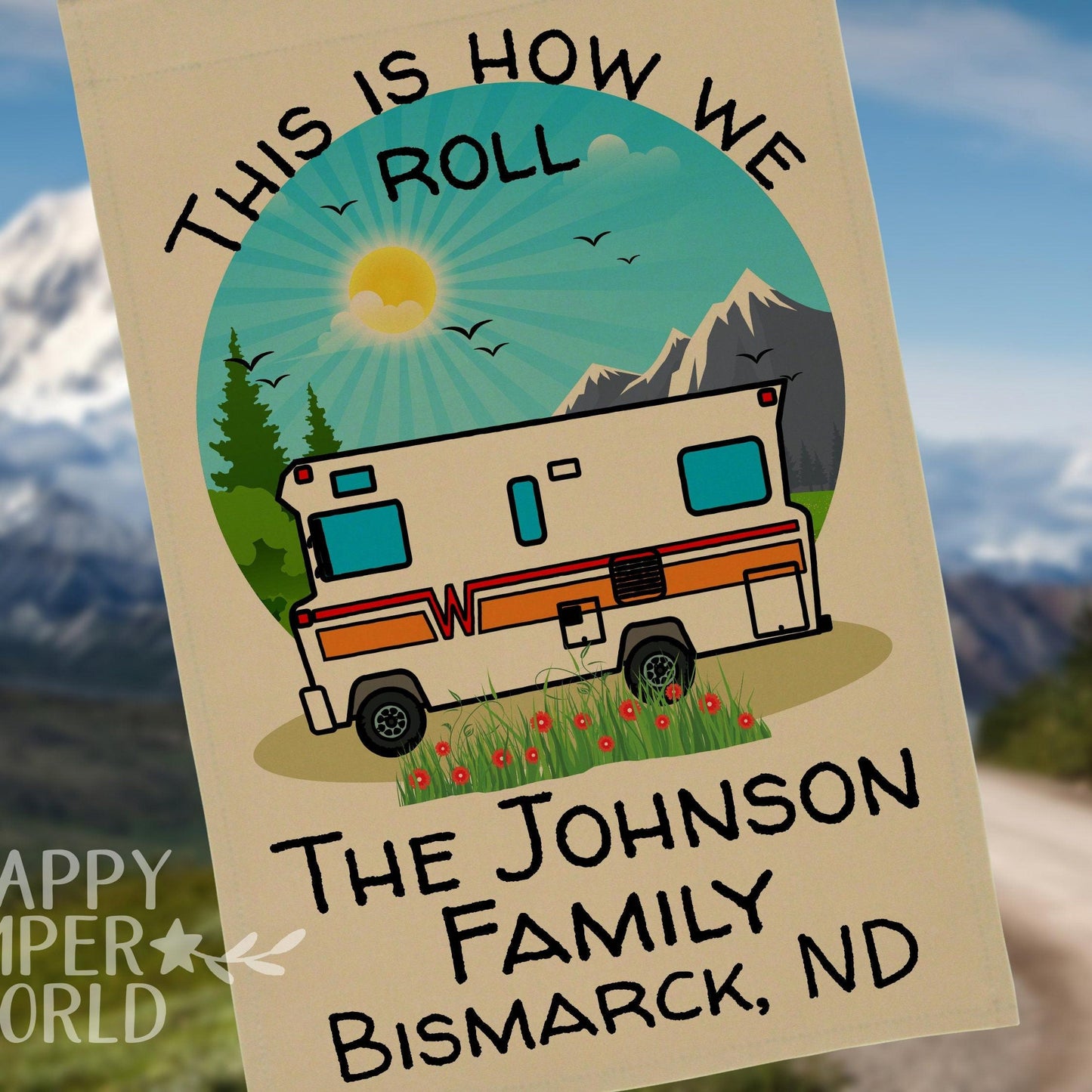 This is How We Roll, Personalized Vintage Garden Flag with Vintage Winnebago