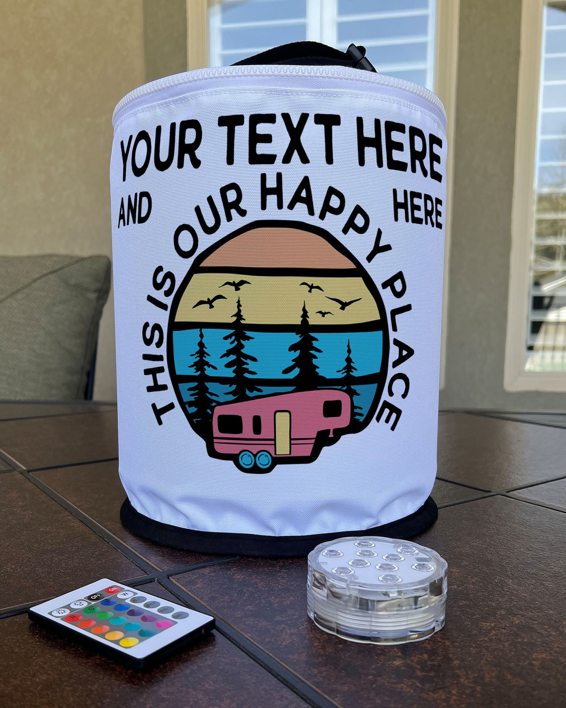 Personalized Color Changing Camping Lantern, 5th Wheel Trailer - This is Our Happy Place - Your Custom Text, LED Camp Light with Remote