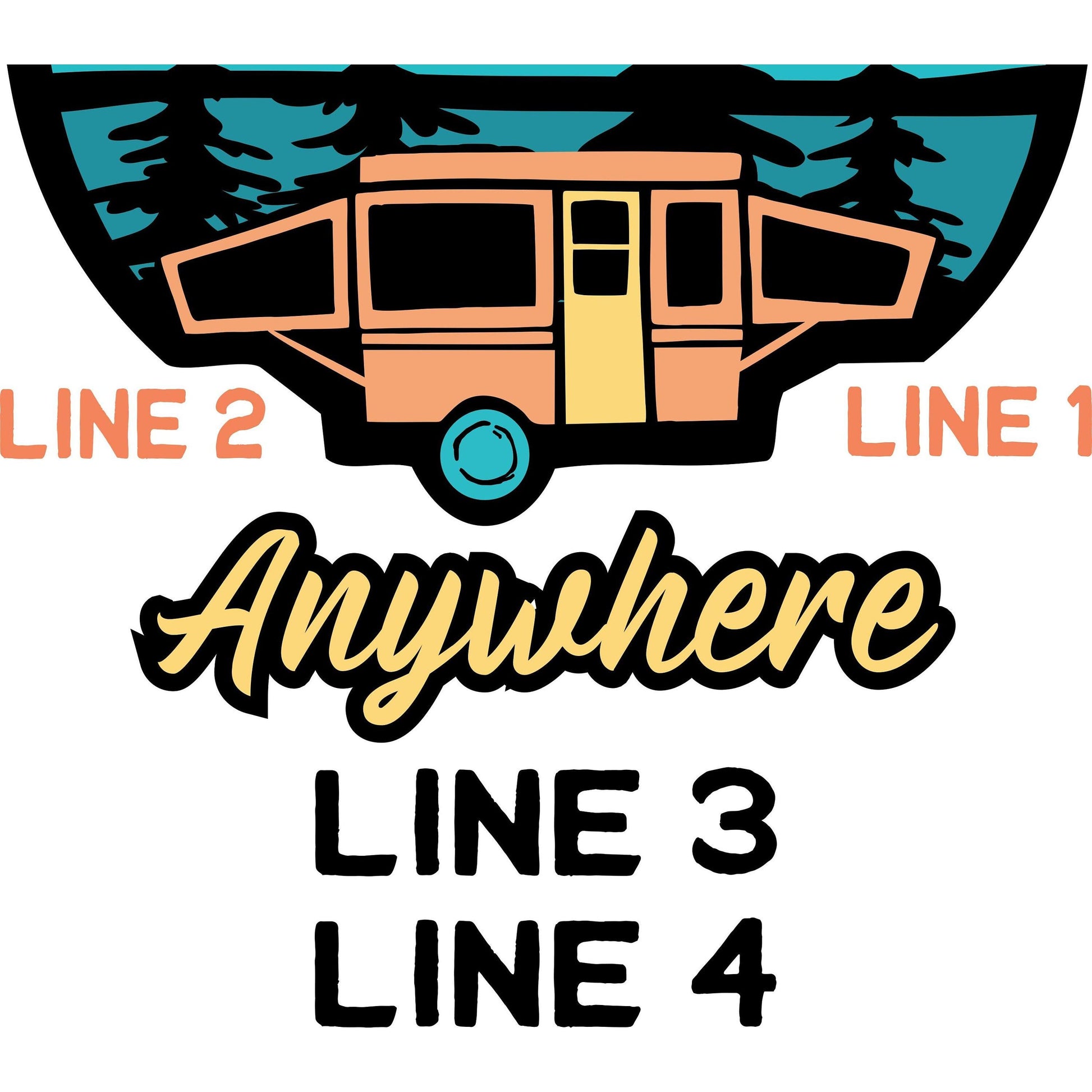 Personalized Camping Flag - We Can Pop Up Anywhere - Color Block Sunset Design with Tent Trailer and Your Custom Text