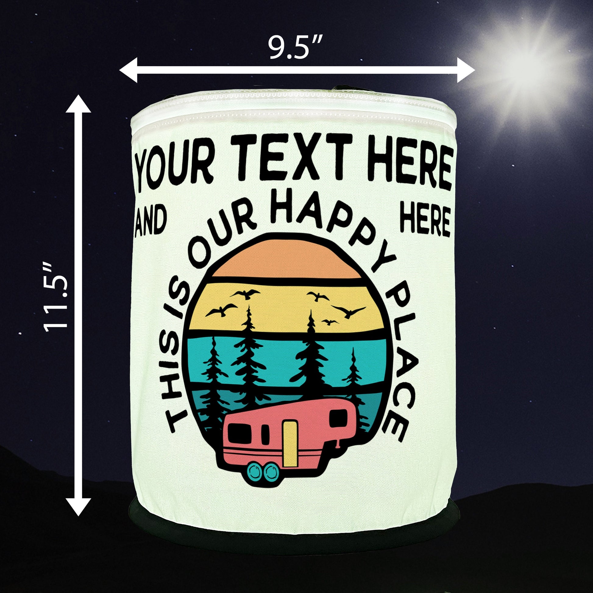 Personalized Color Changing Camping Lantern, 5th Wheel Trailer - This is Our Happy Place - Your Custom Text, LED Camp Light with Remote