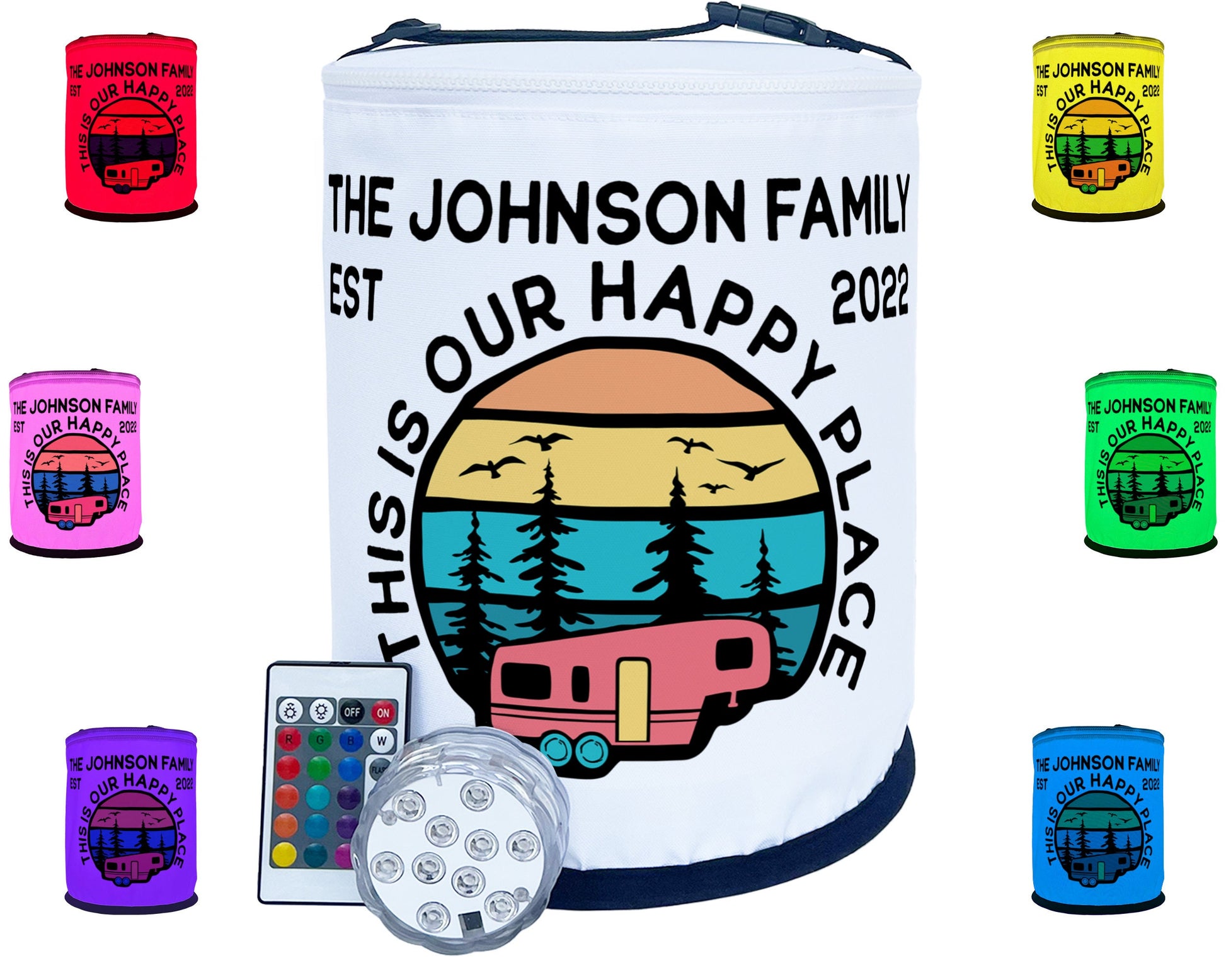 Personalized Color Changing Camping Lantern, 5th Wheel Trailer - This is Our Happy Place - Your Custom Text, LED Camp Light with Remote