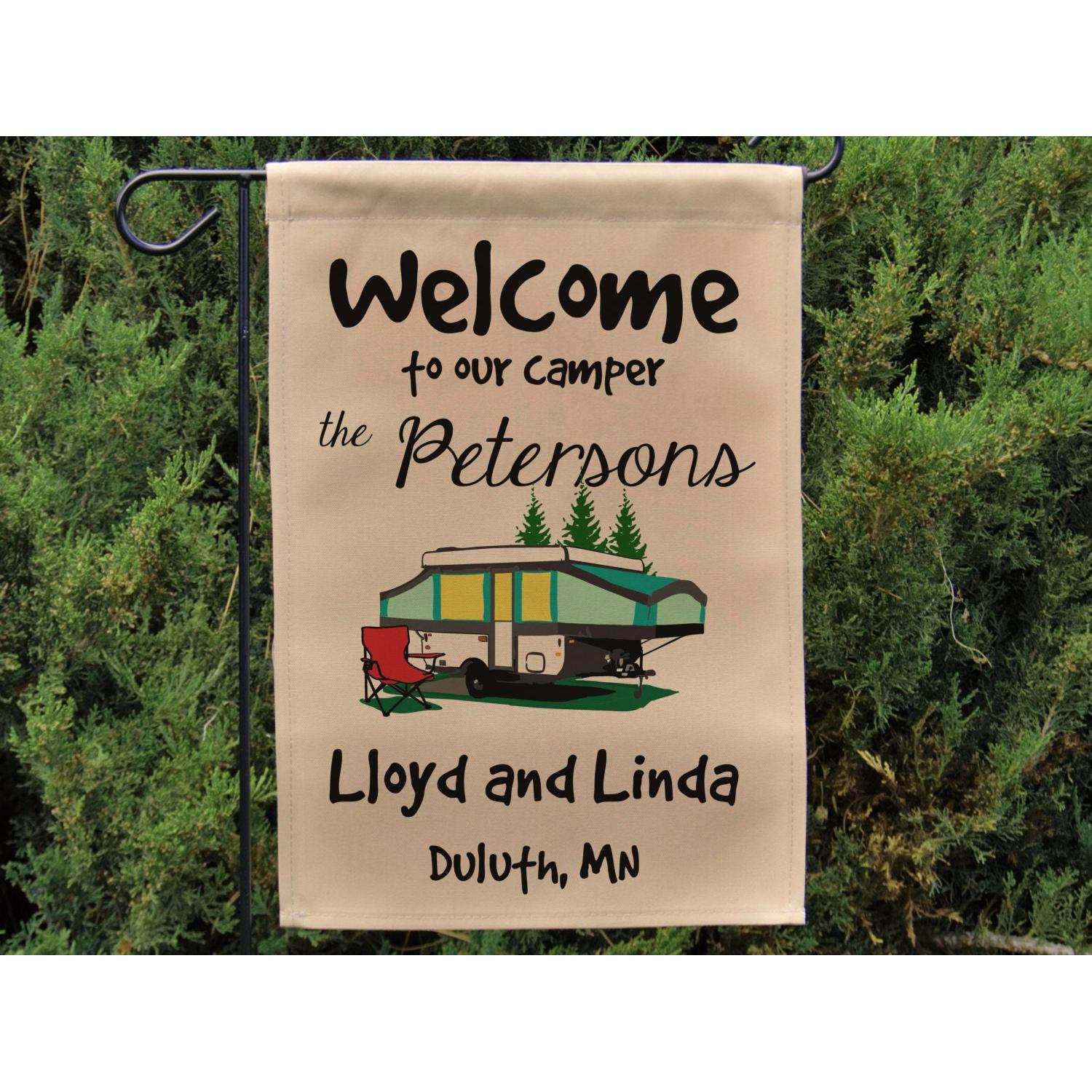 Welcome to our Camper Personalized Garden Flag, RV Gift, Pop-Up Camper, Camp Sign, Tent Trailer Flag, Camp Gift, Camping Decor