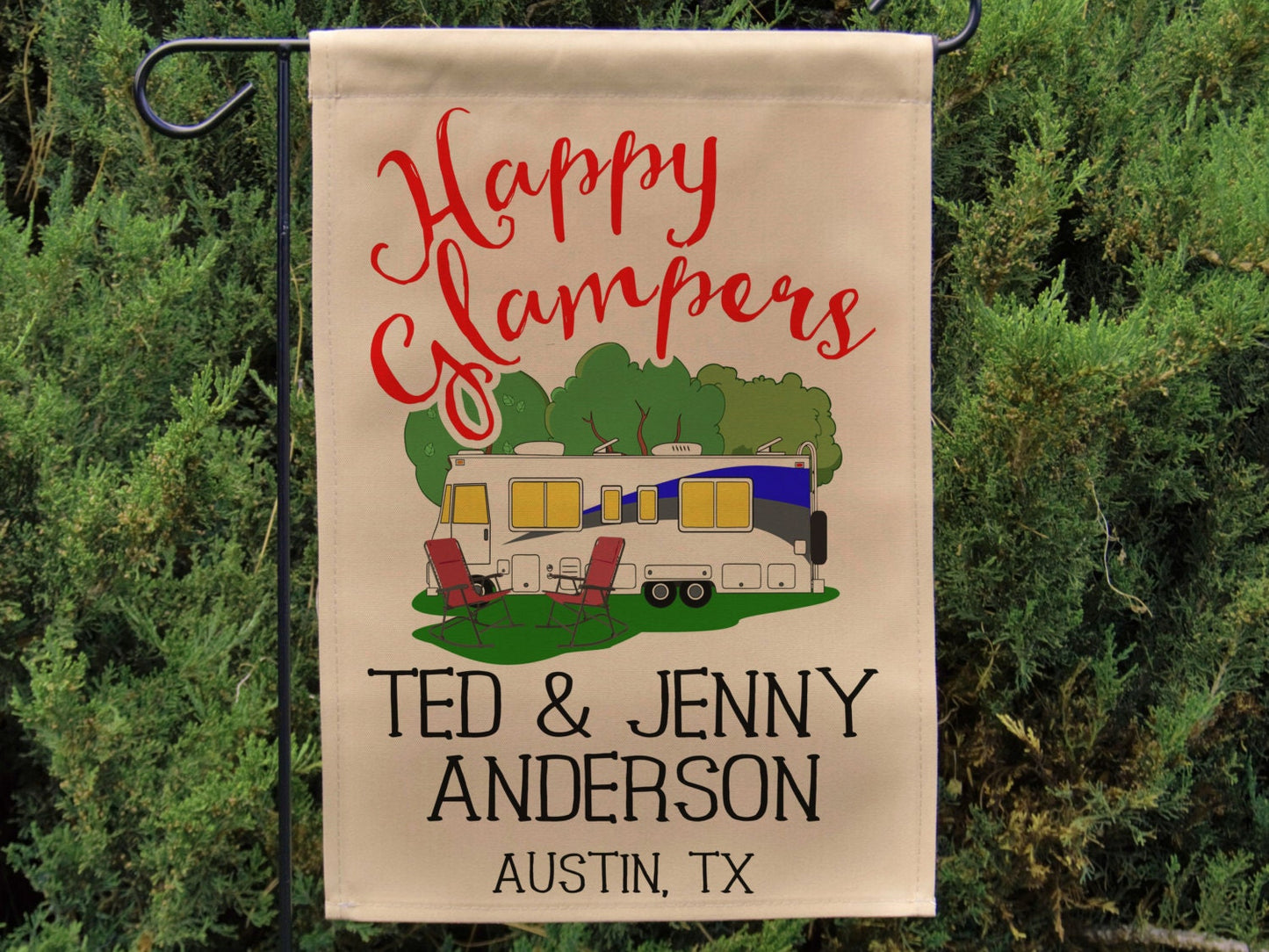 Personalized Happy Glampers, Glamour Camping Campsite Flag, Camp Sign, Class A Motorhome, Camping Decor, Motor Home Camp Flag