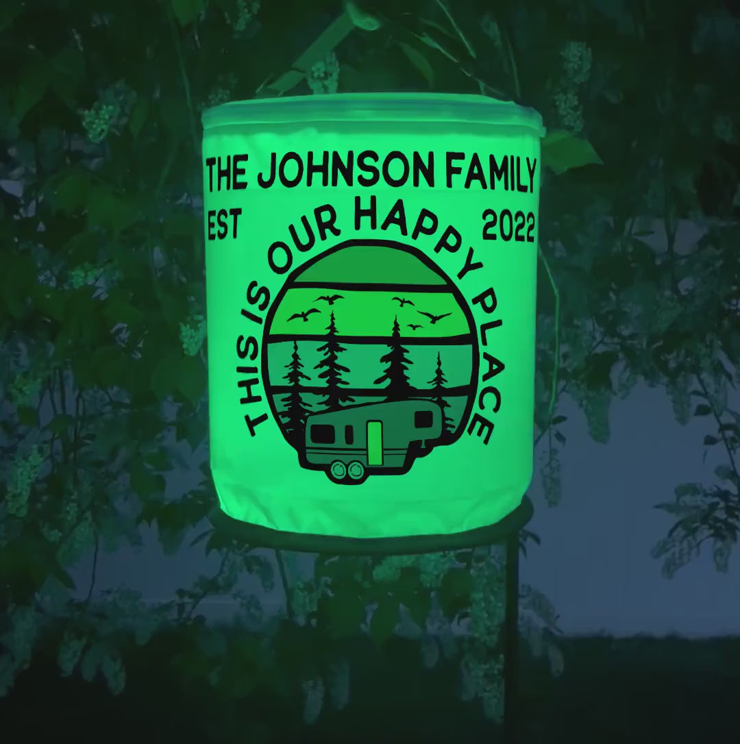 Personalized Color Changing Camping Lantern, 5th Wheel Trailer - This is Our Happy Place - Your Custom Text, LED Camp Light with Remote