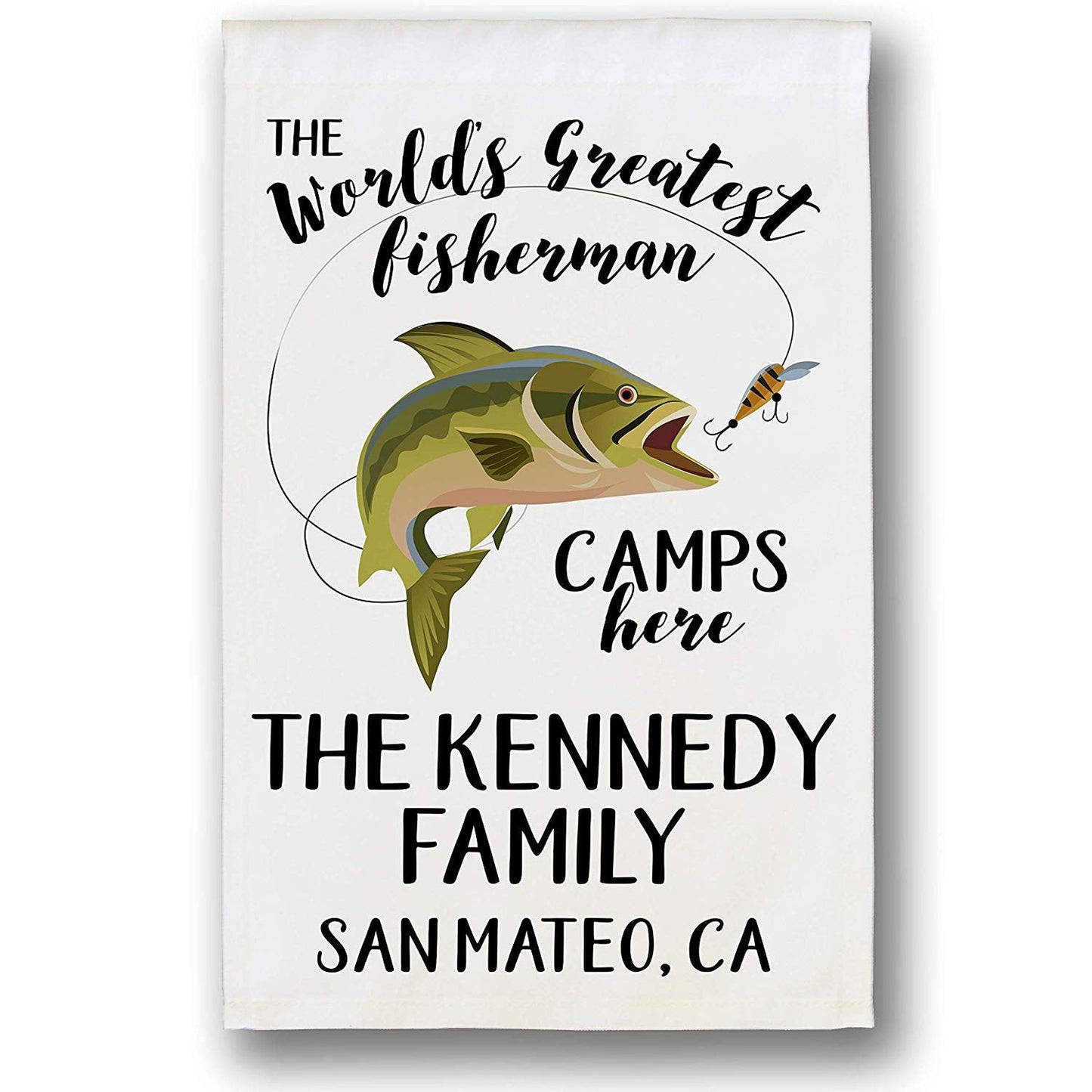 The World's Greatest Fisherman Camps Here Personalized Camping Flag on White Fabric