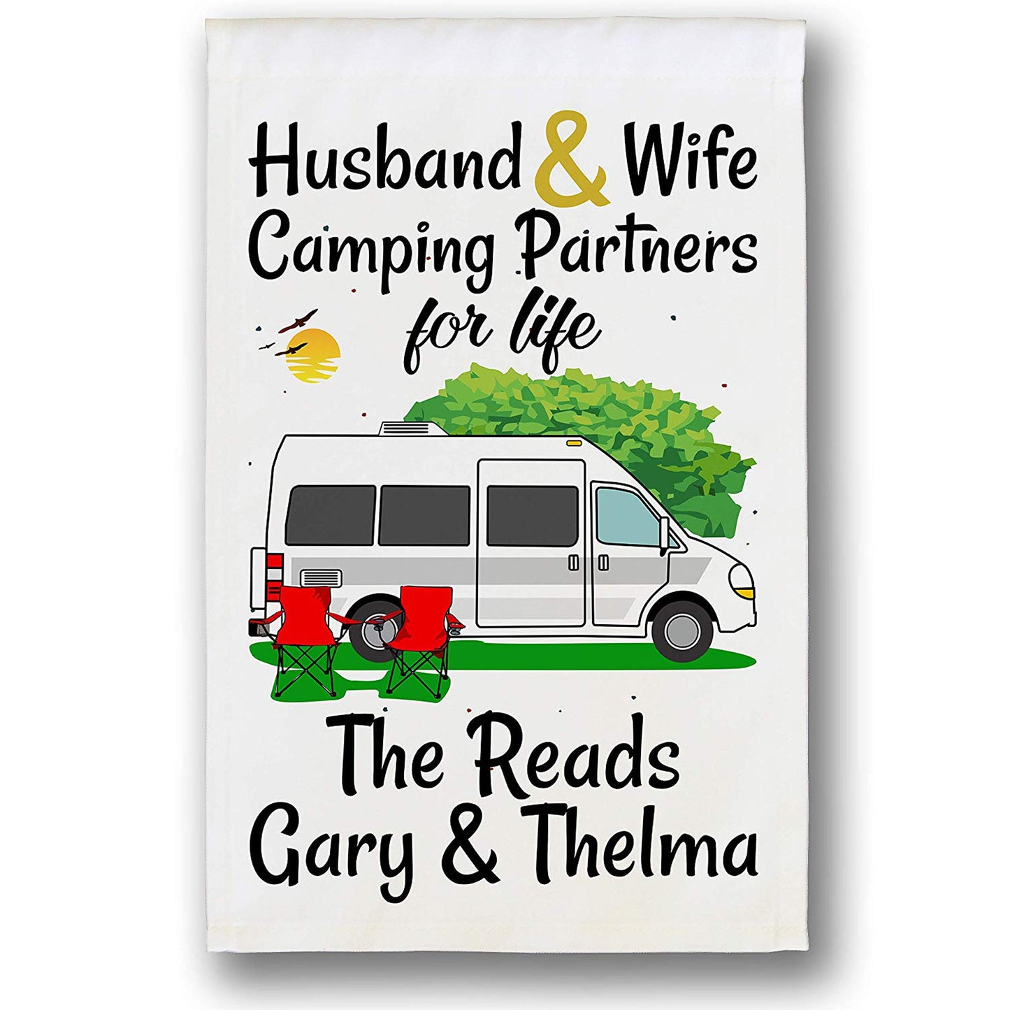 Husband & Wife Camping Partners for Life Personalized Camping Flag with Class B Camper Van on White