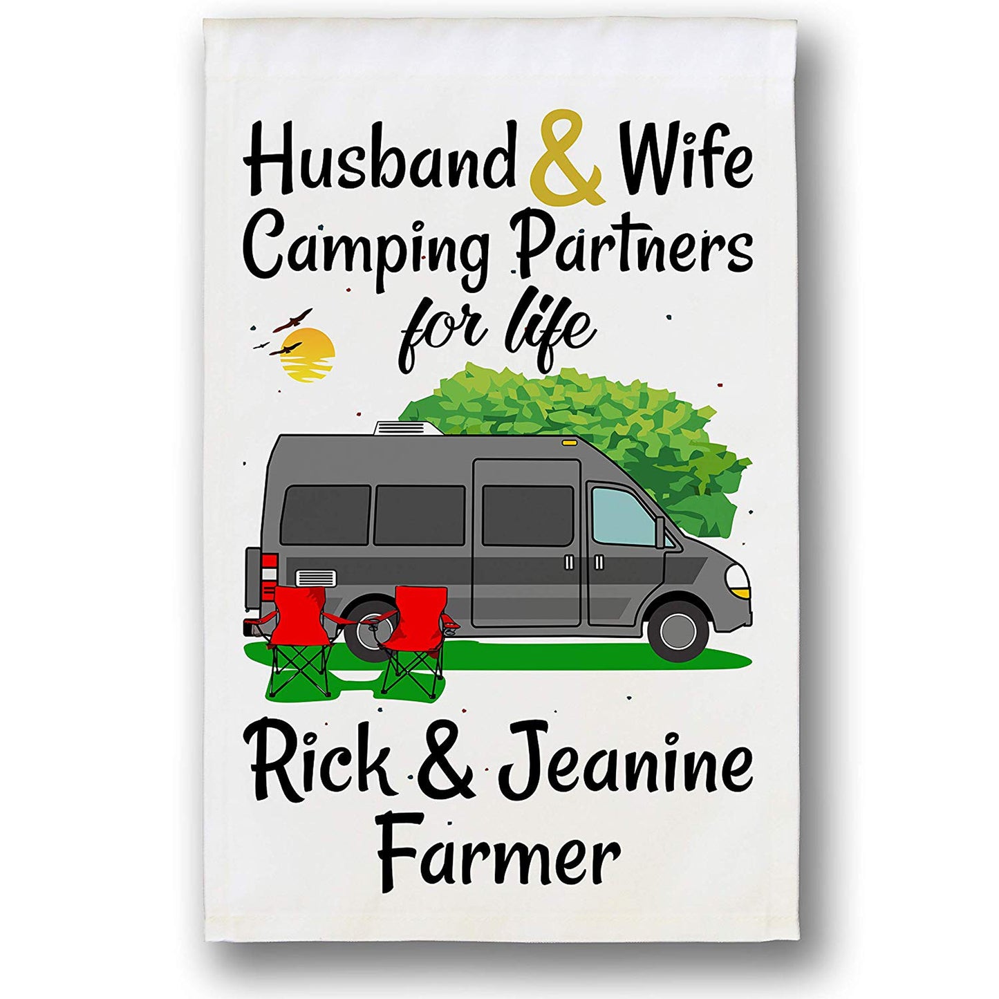 Husband & Wife Camping Partners for Life Personalized Camping Flag with Class B Camper Van on White