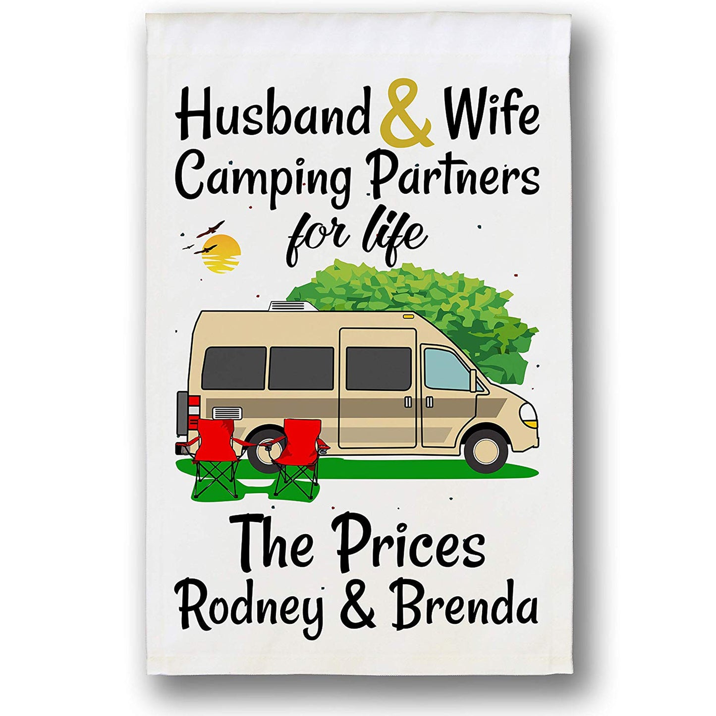 Husband & Wife Camping Partners for Life Personalized Camping Flag with Class B Camper Van on White