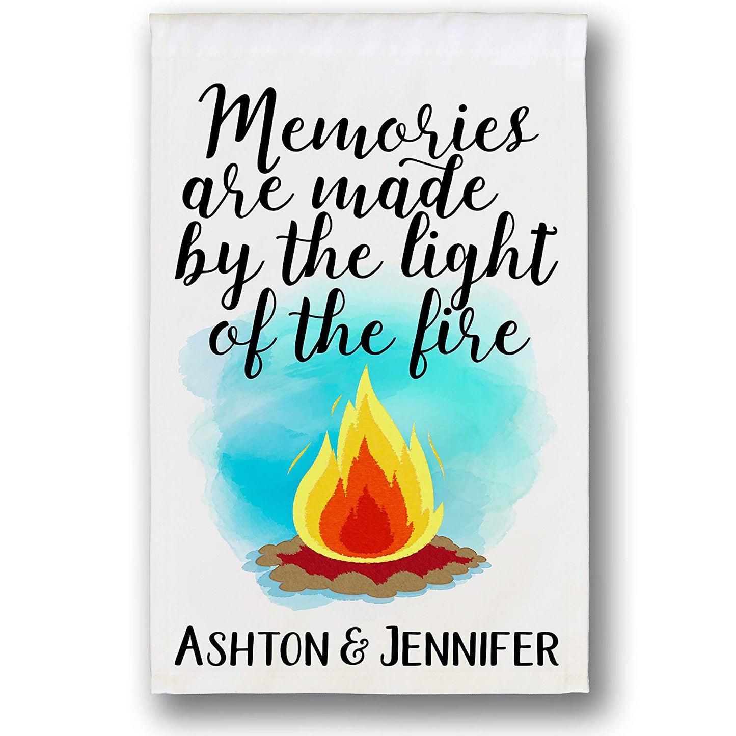 Memories are Made The Light The Fire Personalized Camping Flag with Campfire, White Fabric