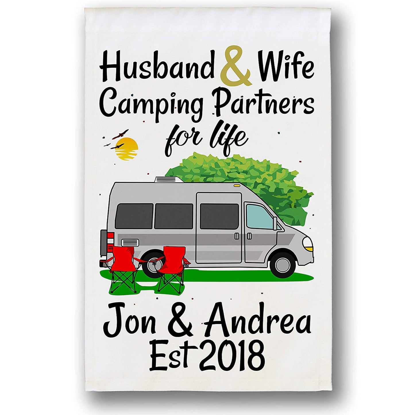 Husband & Wife Camping Partners for Life Personalized Camping Flag with Class B Camper Van on White