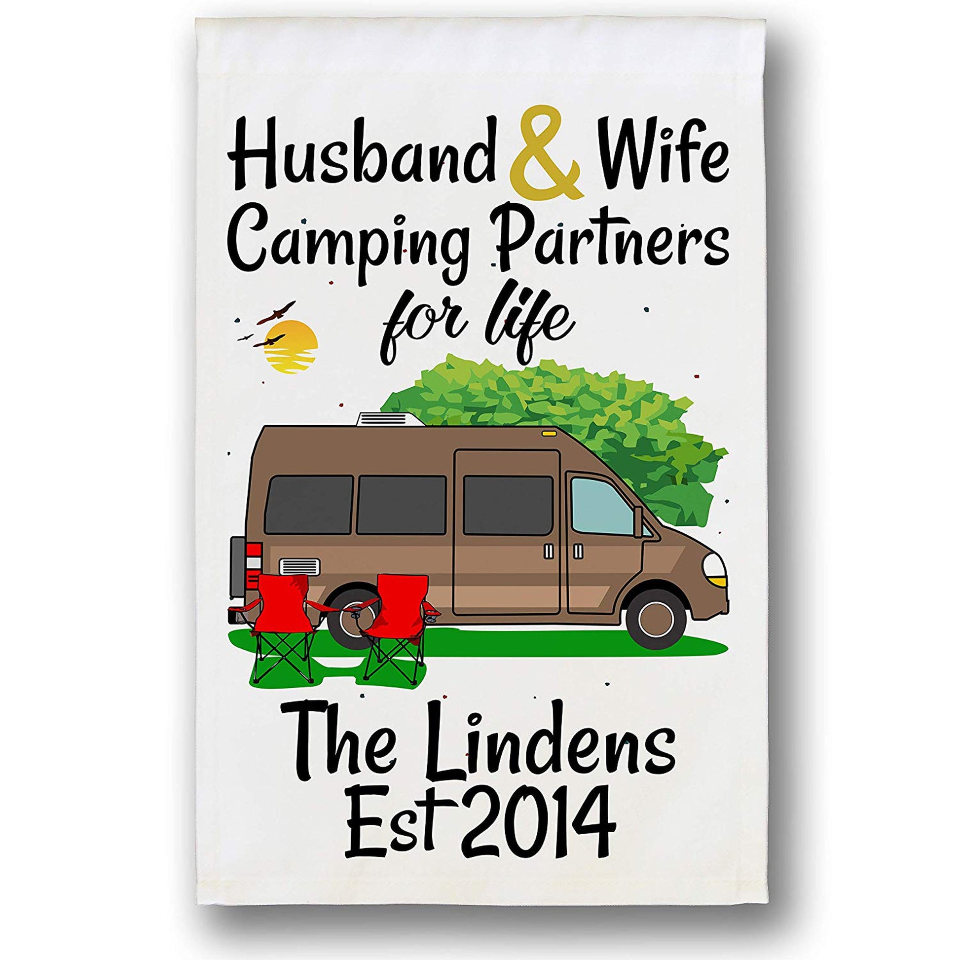 Husband & Wife Camping Partners for Life Personalized Camping Flag with Class B Camper Van on White