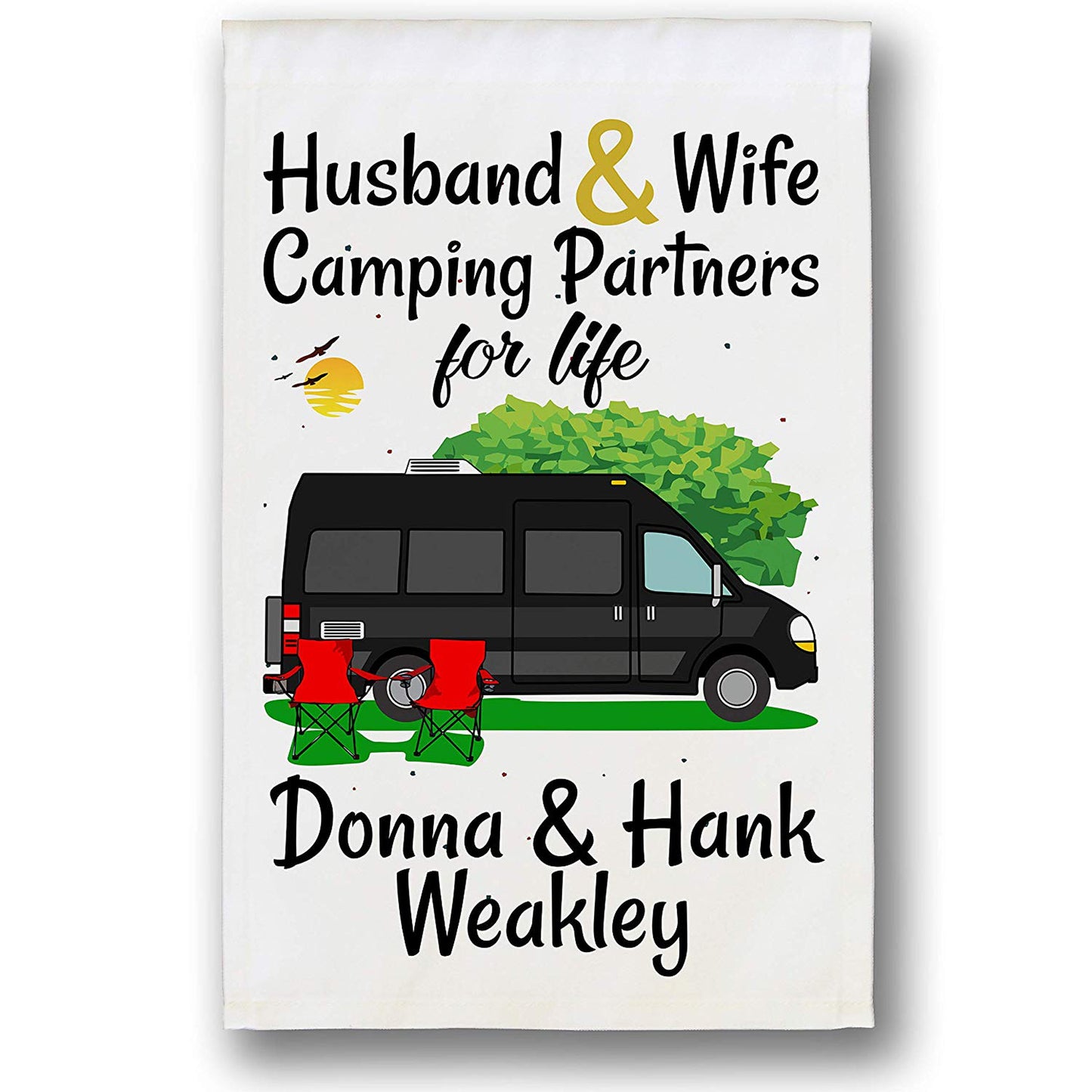 Husband & Wife Camping Partners for Life Personalized Camping Flag with Class B Camper Van on White