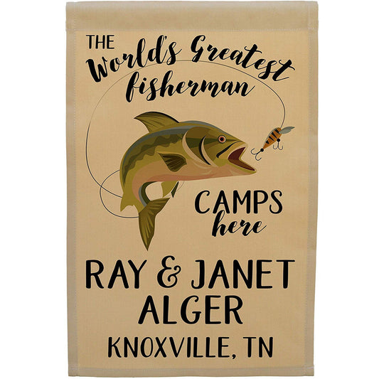 The World's Greatest Fisherman Camps Here Personalized Camping Flag on Tan Fabric