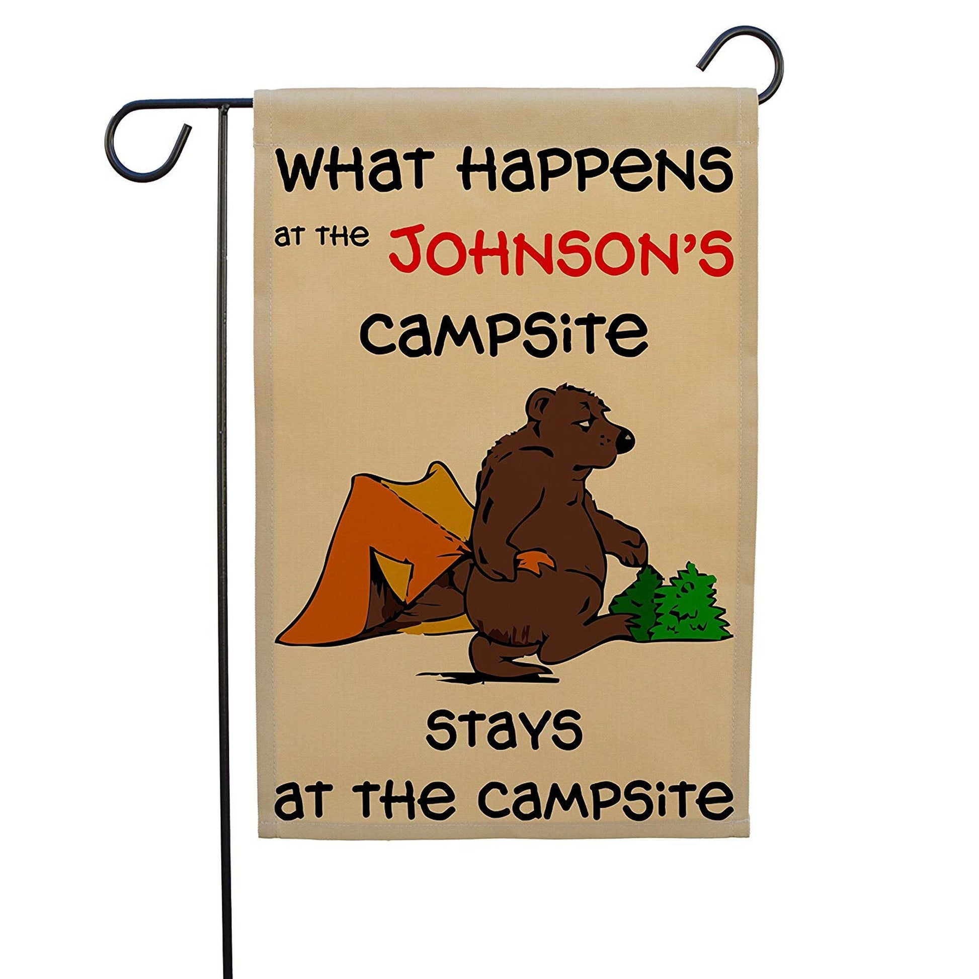 What Happens at The Campsite Stays at The Campsite Personalized Camping Flag with Bear