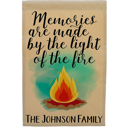 Memories are Made The Light The Fire Personalized Camping Flag with Campfire Tan Fabric