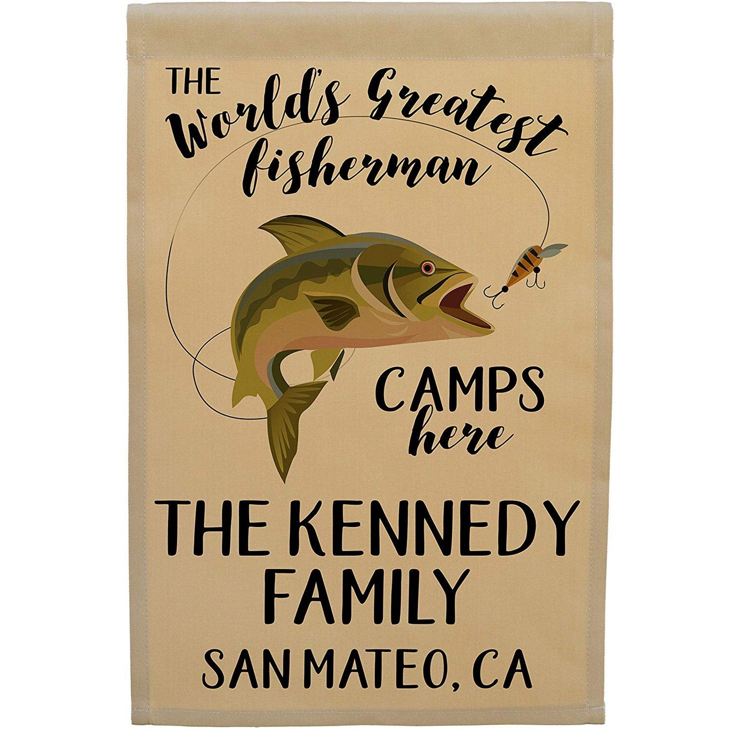 The World's Greatest Fisherman Camps Here Personalized Camping Flag on Tan Fabric