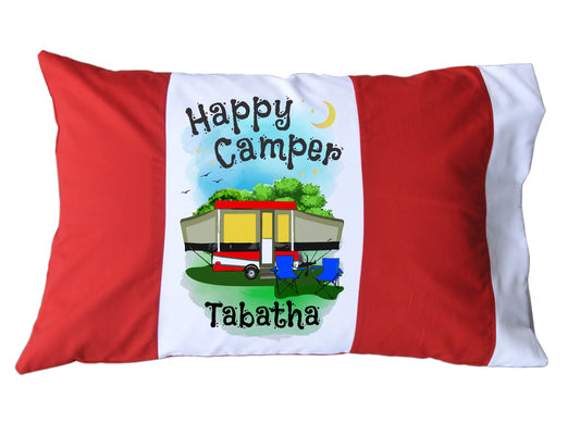 Happy Camper Personalized Red/White or Navy/White Pillow Case with Pop-Up or A-Frame Trailer
