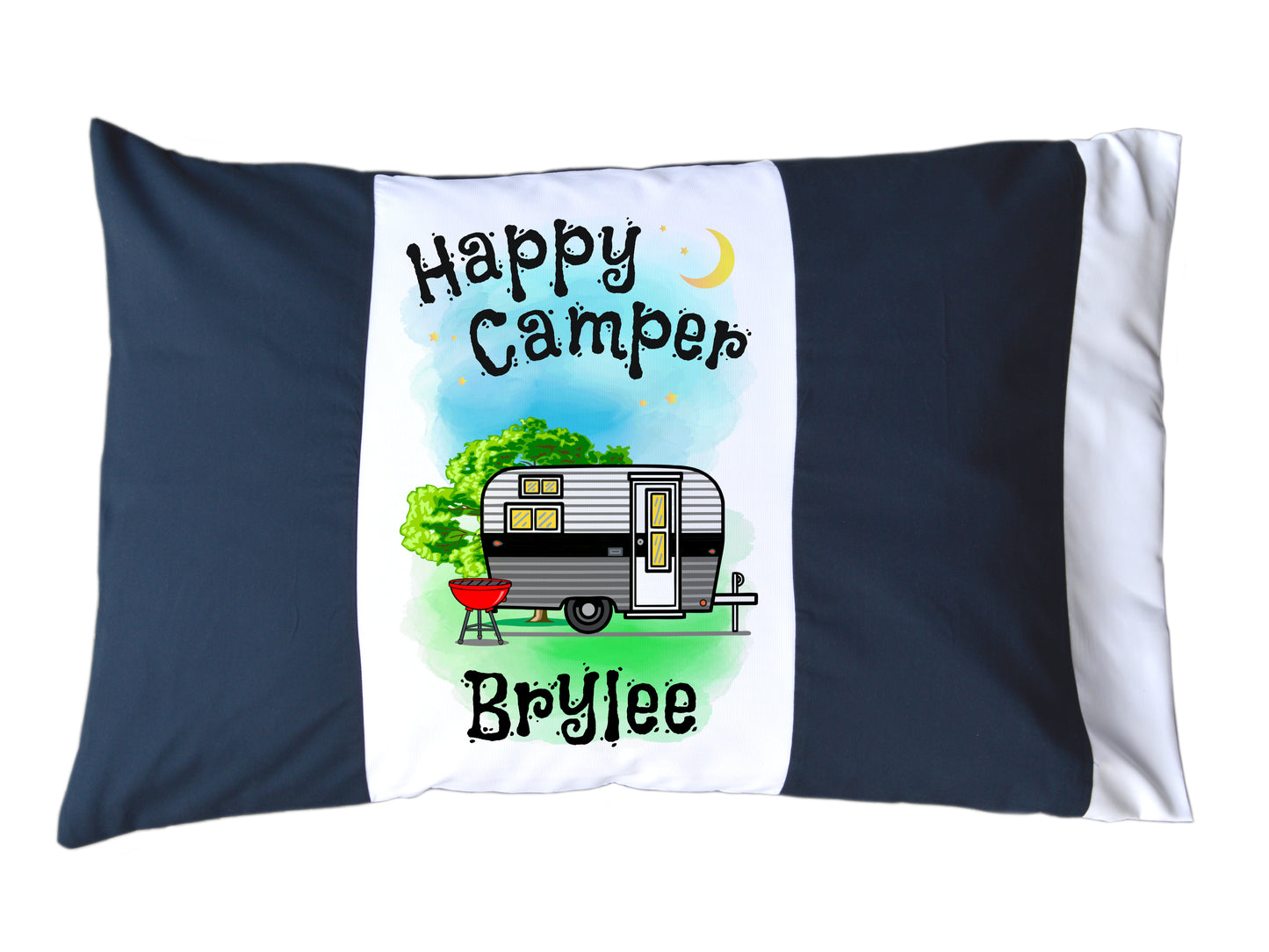 Happy Camper Personalized Red/White or Navy/White Pillow Case with Trailer