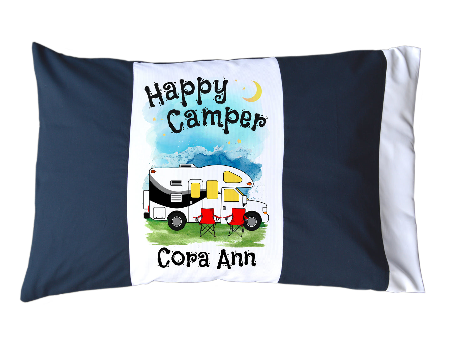 Happy Camper Personalized Red/White or Navy/White Pillow Case with Class C Motorhome