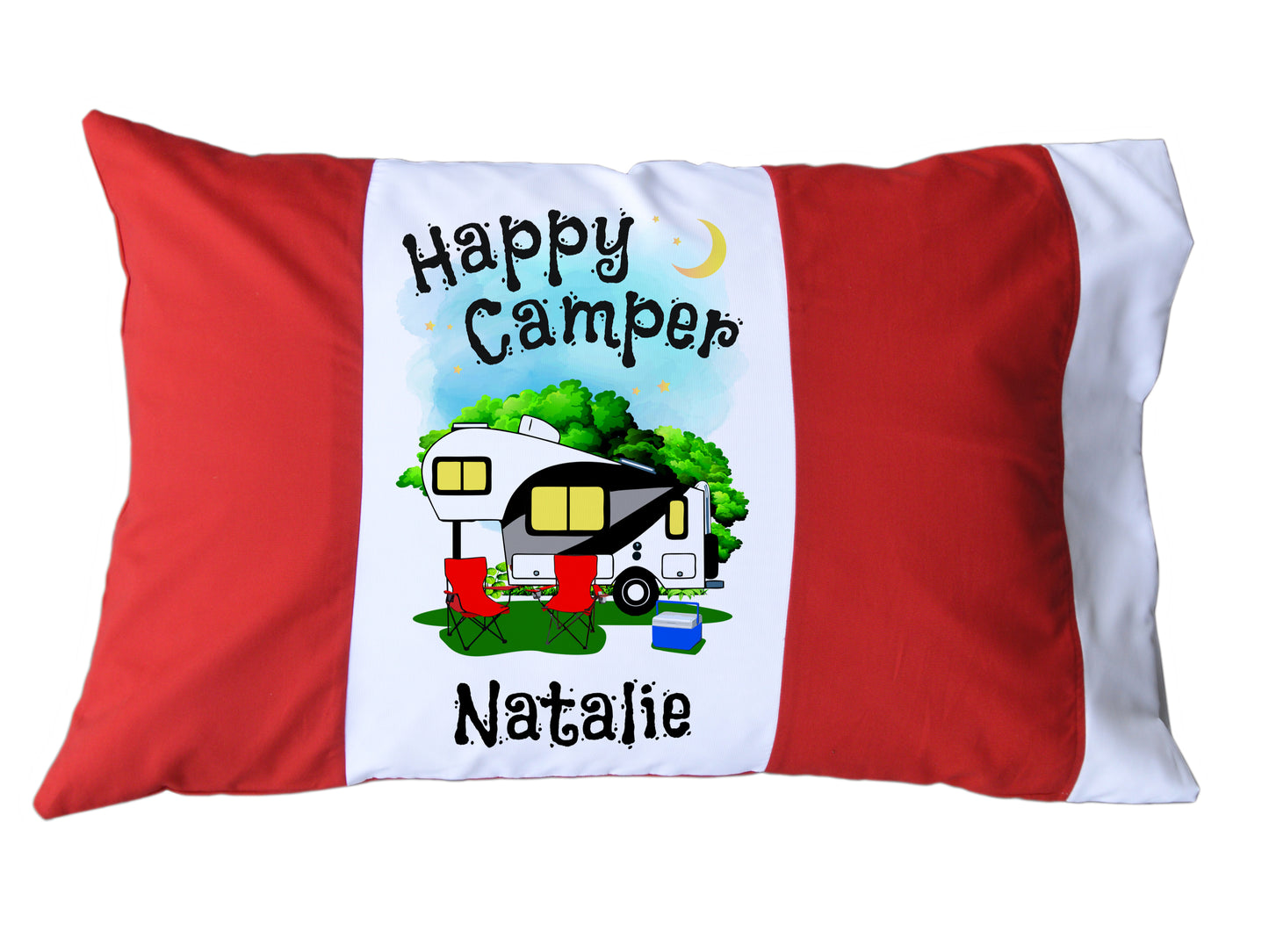 Happy Camper Personalized Red/White or Navy/White Pillow Case with 5th Wheel