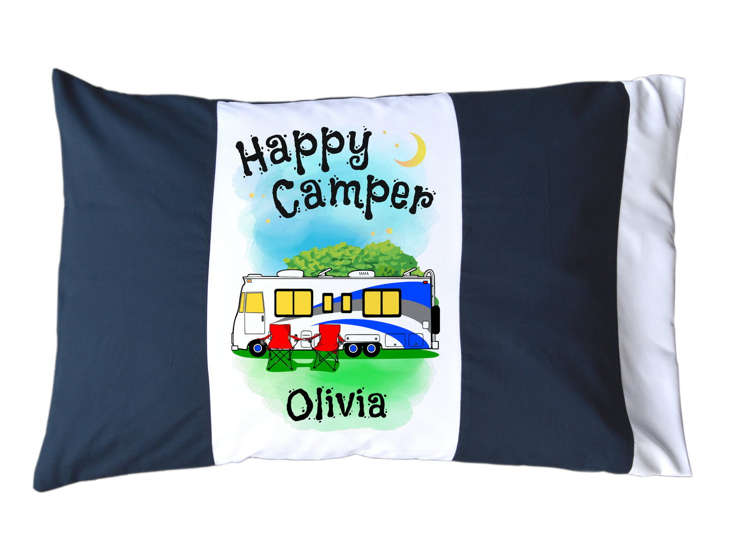 Happy Camper Personalized Red/White or Navy/White Pillow Case with Class A Motorhome