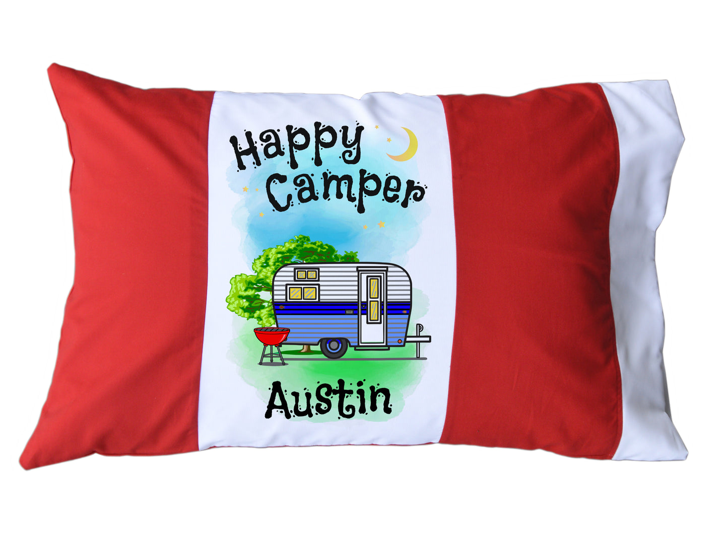 Happy Camper Personalized Red/White or Navy/White Pillow Case with Trailer
