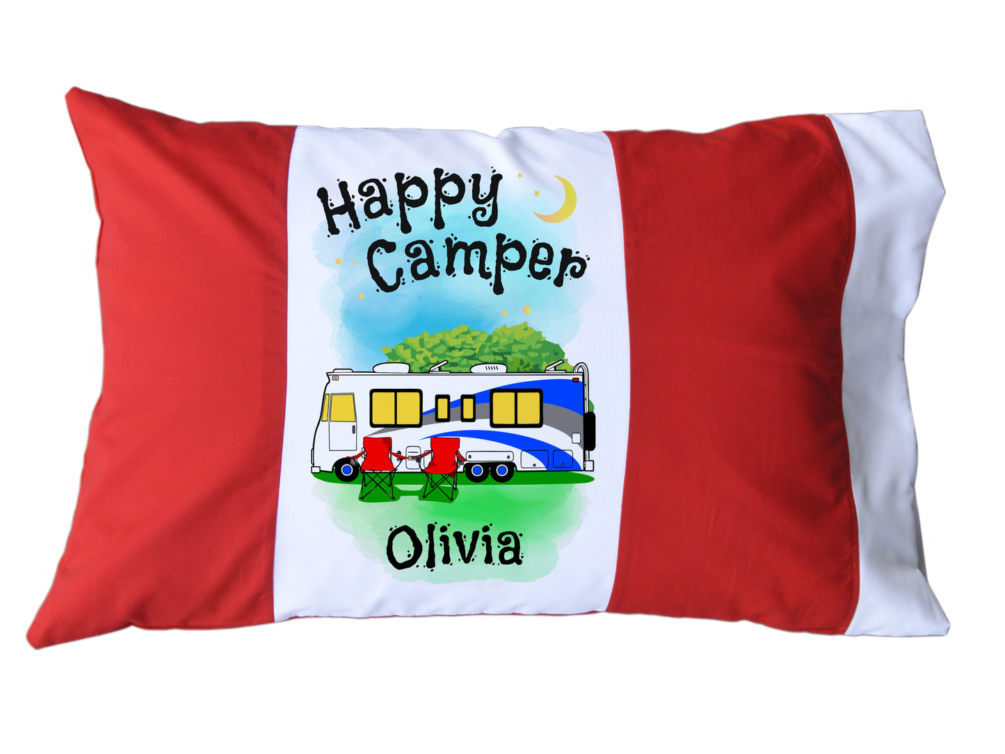 Happy Camper Personalized Red/White or Navy/White Pillow Case with Class A Motorhome