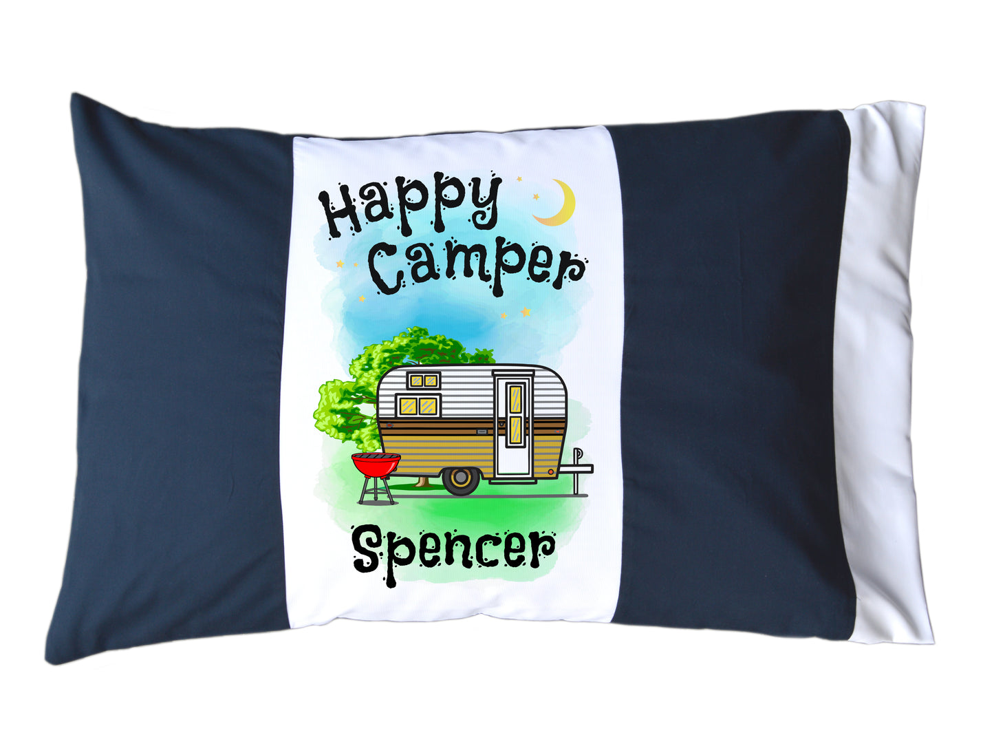 Happy Camper Personalized Red/White or Navy/White Pillow Case with Trailer
