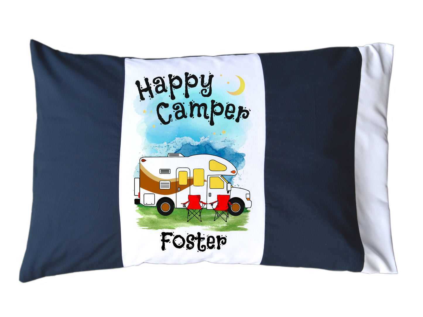Happy Camper Personalized Red/White or Navy/White Pillow Case with Class C Motorhome