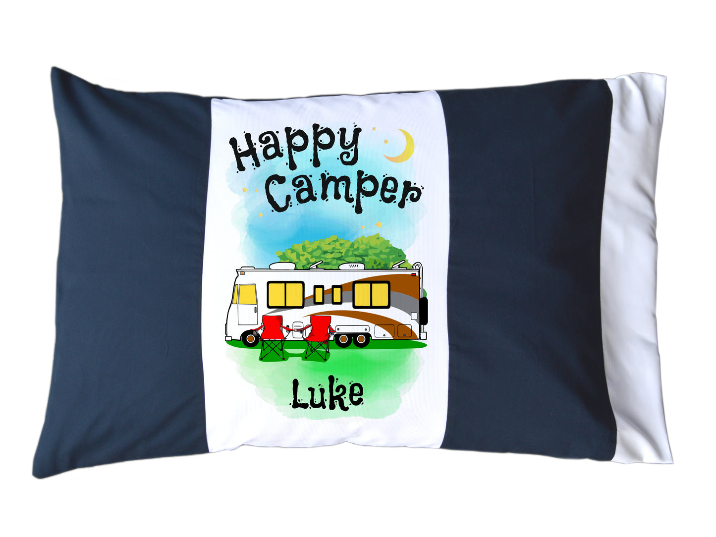 Happy Camper Personalized Red/White or Navy/White Pillow Case with Class A Motorhome