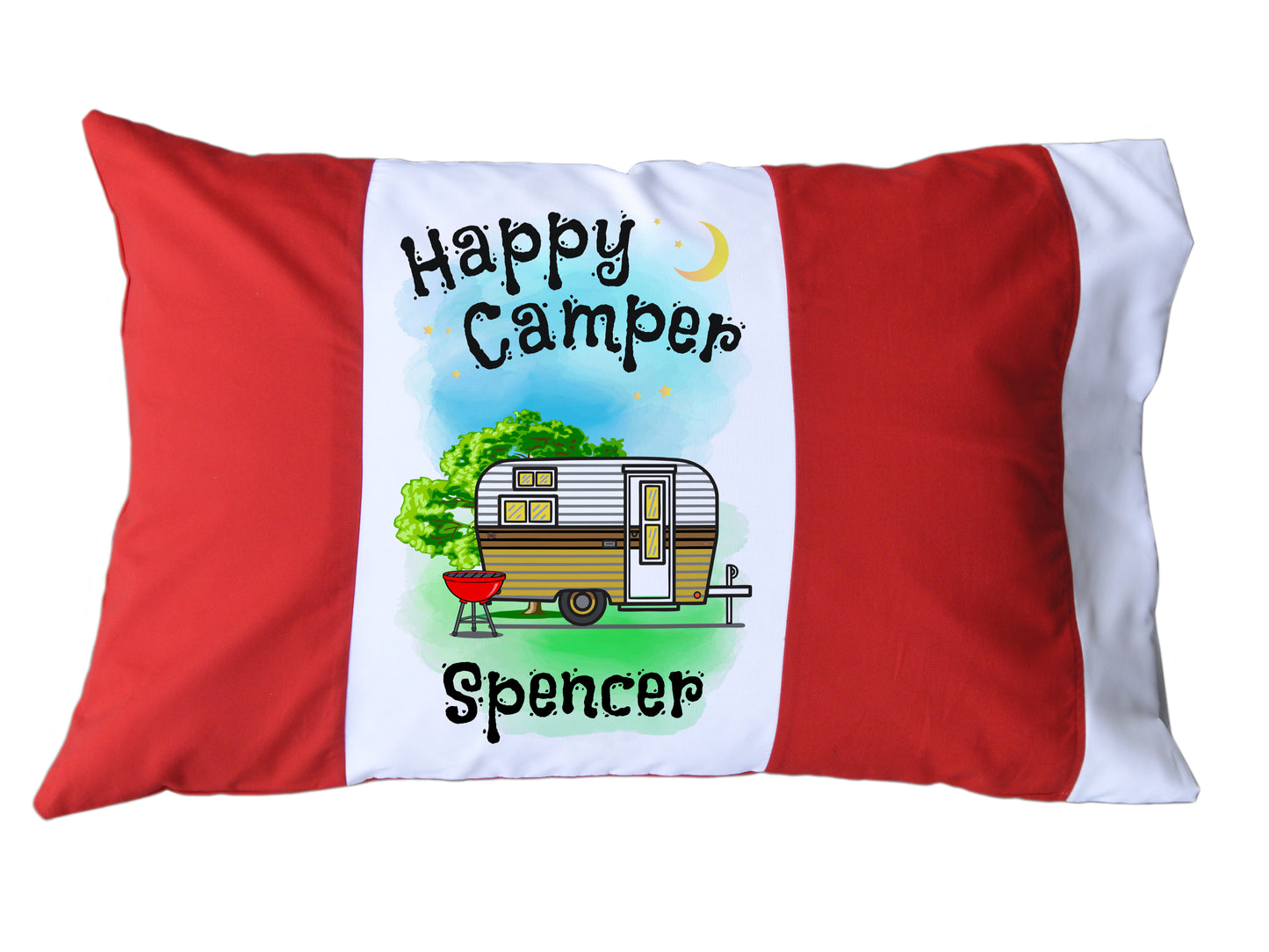 Happy Camper Personalized Red/White or Navy/White Pillow Case with Trailer