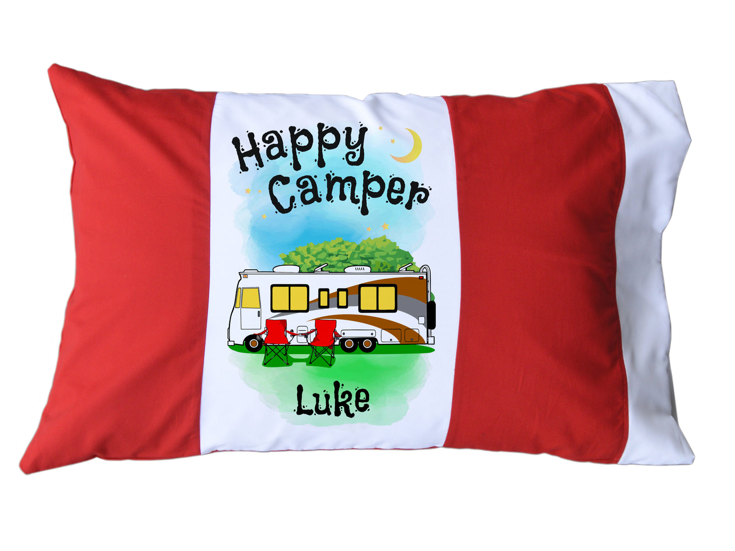 Happy Camper Personalized Red/White or Navy/White Pillow Case with Class A Motorhome