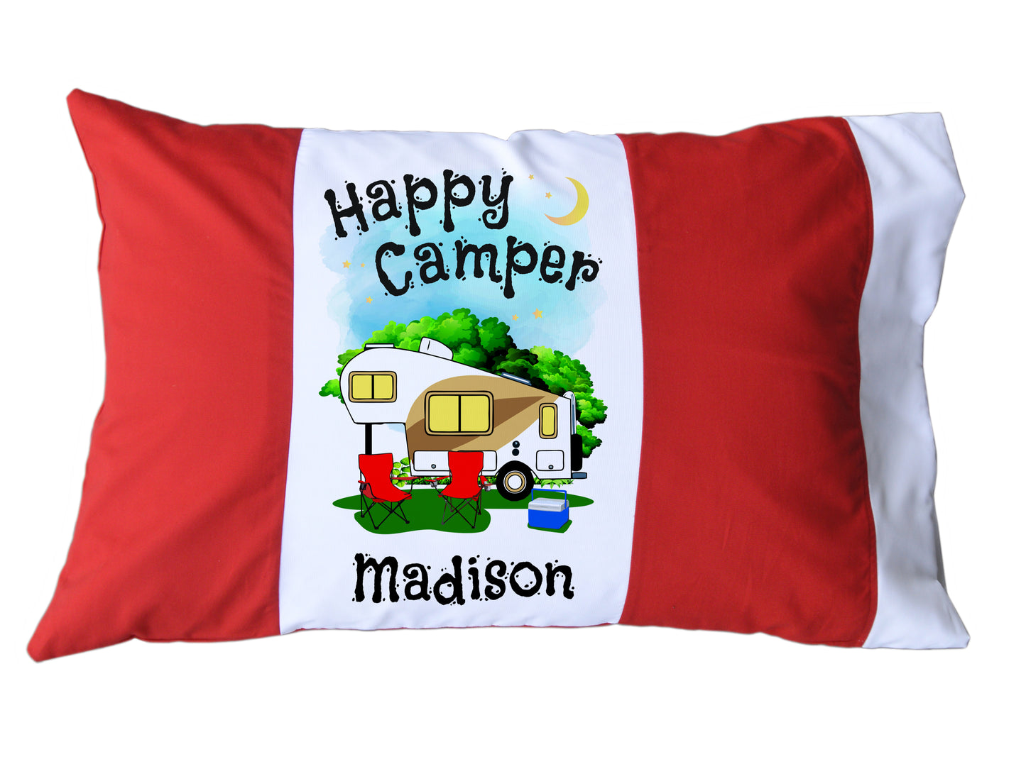 Happy Camper Personalized Red/White or Navy/White Pillow Case with 5th Wheel