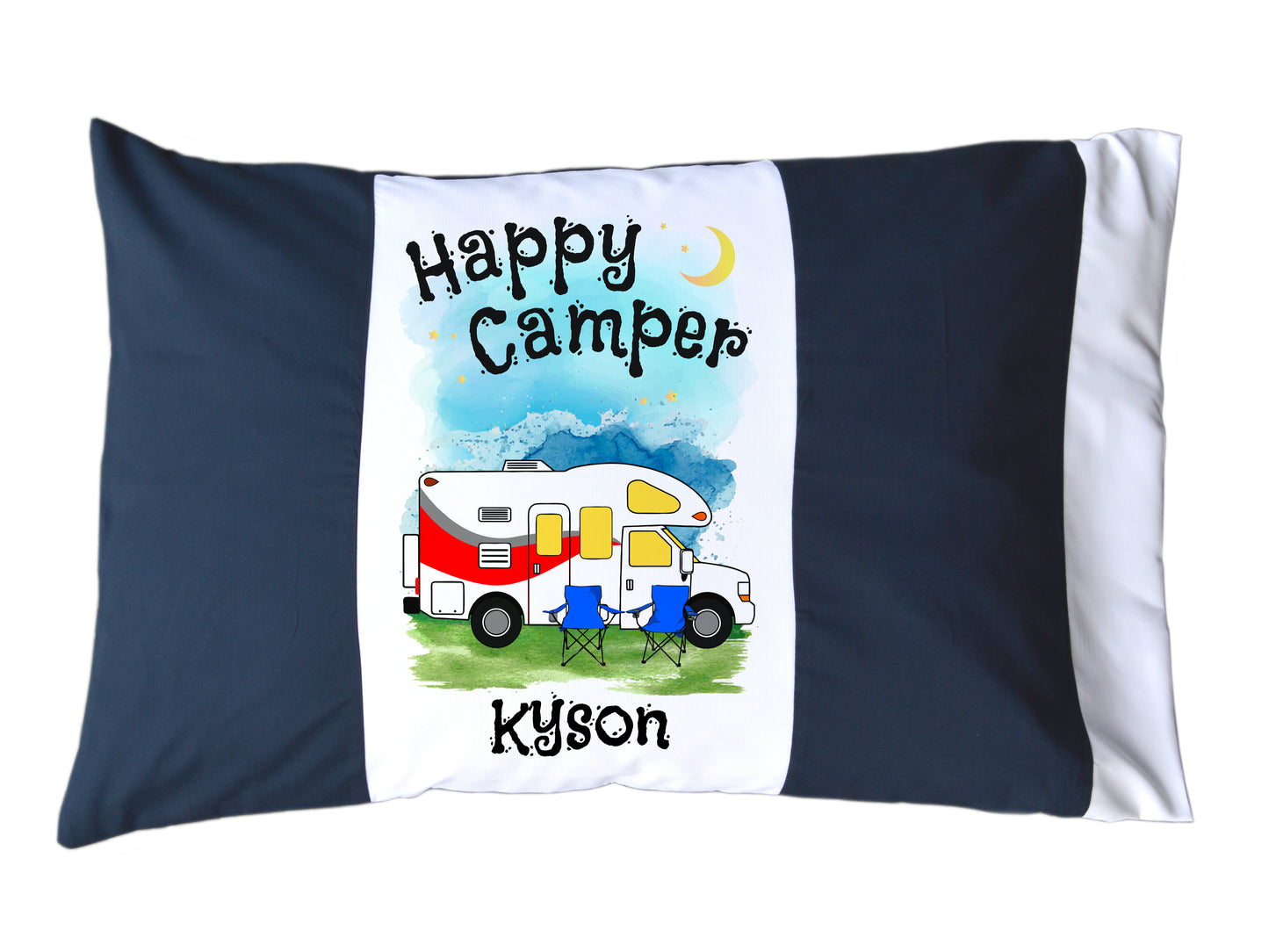 Happy Camper Personalized Red/White or Navy/White Pillow Case with Class C Motorhome