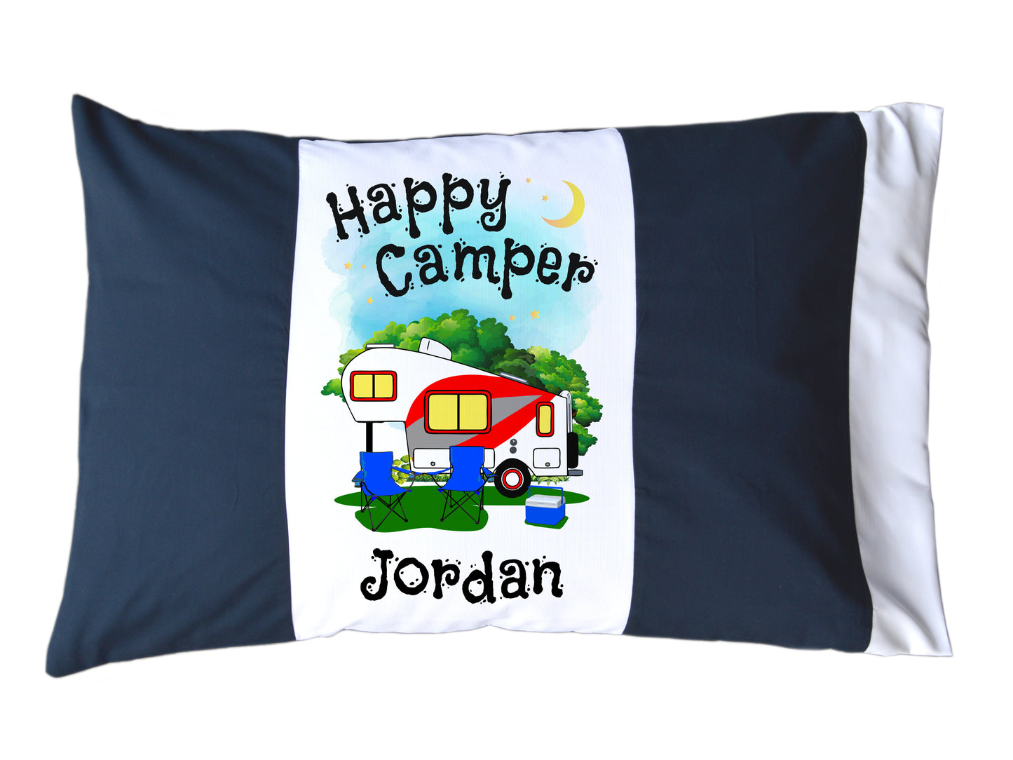 Happy Camper Personalized Red/White or Navy/White Pillow Case with 5th Wheel