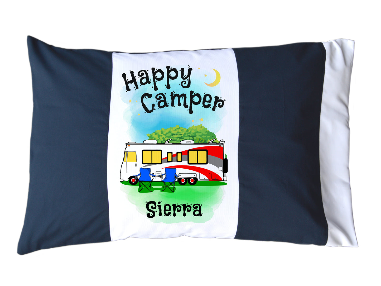 Happy Camper Personalized Red/White or Navy/White Pillow Case with Class A Motorhome