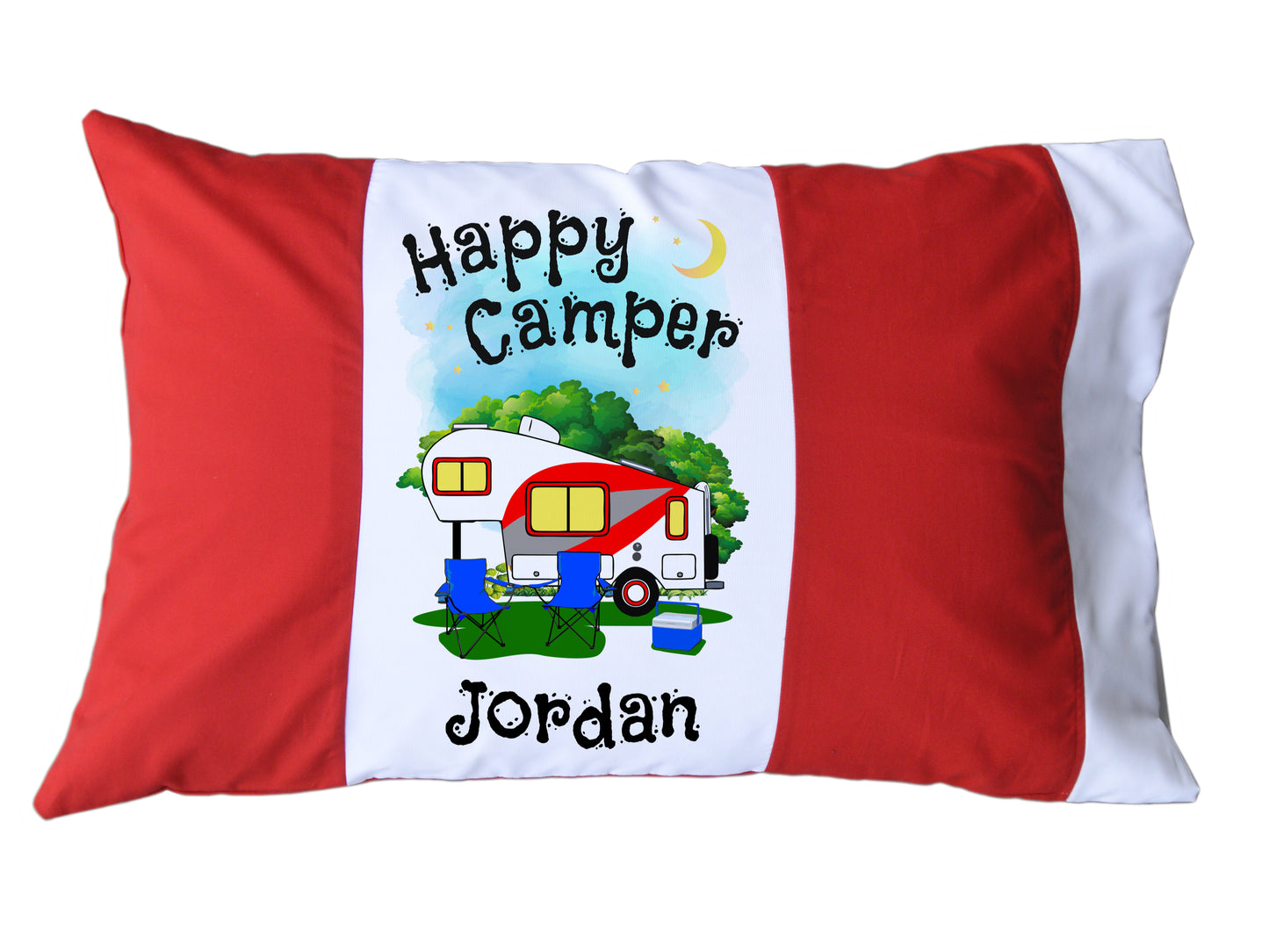 Happy Camper Personalized Red/White or Navy/White Pillow Case with 5th Wheel