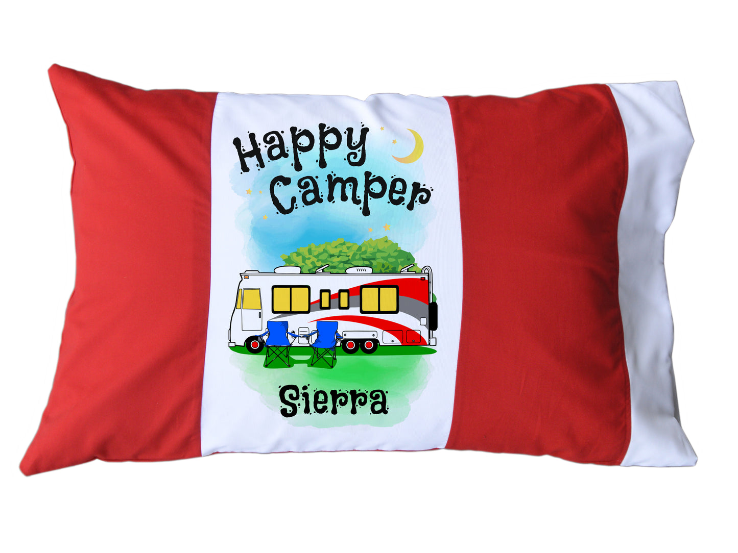 Happy Camper Personalized Red/White or Navy/White Pillow Case with Class A Motorhome