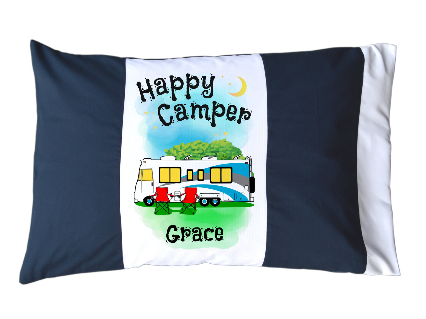 Happy Camper Personalized Red/White or Navy/White Pillow Case with Class A Motorhome