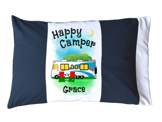 Happy Camper Personalized Red/White or Navy/White Pillow Case with Class A Motorhome